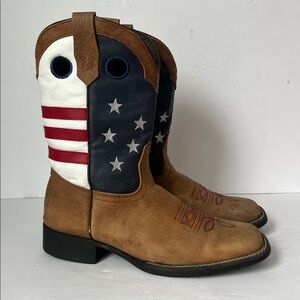 JB Dillon US Flag Patriotic Pull On Western Cowboy Boots Brown Leather youth 5.5